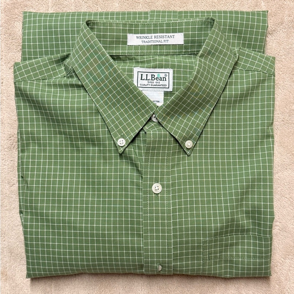 LL Bean Green Striped Green Men's Dress Shirt Size M  Traditional Fit